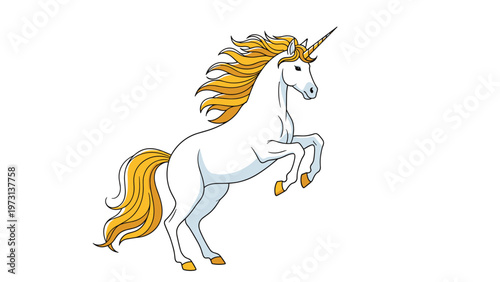 Majestic white unicorn with a golden mane and tail rearing up on its hind legs in a classic mythical creature pose.
