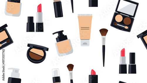 Seamless pattern featuring various beauty products like lipstick, foundation, brush, and eyeshadow for a fashion background.