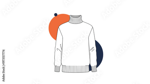 Blank white long sleeve turtleneck sweater template for apparel design isolated on an abstract geometric background.