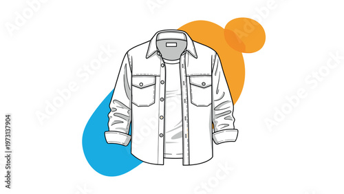 Casual white button-down shirt layered over a simple white t-shirt illustration against a modern abstract blue and orange background.