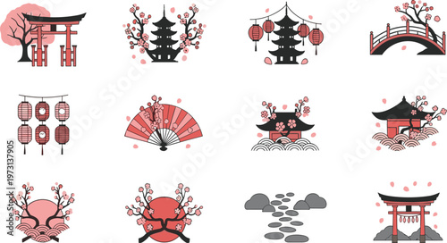 Set of Japanese Sakura Culture Icons Including Torii Gate, Pagoda, Lanterns, Fan, Bridge, and Traditional Landscape Elements