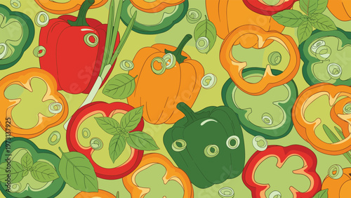 Vibrant seamless pattern of sliced bell peppers in red, green, and orange colors with basil leaves on a light green background.