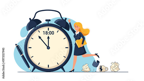Businesswoman in a dark suit rushing past a giant alarm clock displaying six o-clock to finish her busy workday.