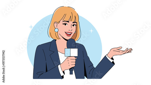 Professional female news reporter with blonde hair holding a microphone and gesturing while delivering a report.
