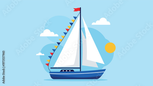 Elegant blue sailboat with colorful nautical flags gliding across the sea on a bright sunny day with white clouds.