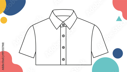 Short-sleeved white button-down shirt illustration presented over a background of colorful abstract shapes.