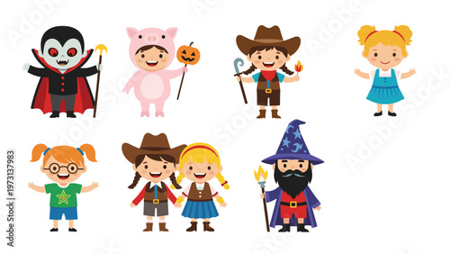 Group of happy children wearing various fun costumes like a vampire, pig, cowboy, and wizard for a themed party.