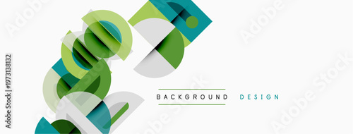 Abstract geometric shapes overlap, creating layered design. Greens, blues, whites dominate composition. Minimalist style, modern aesthetic.