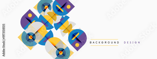 Abstract geometric shapes overlap, creating vibrant colorful background. Modern design elements suggest creativity, innovation.