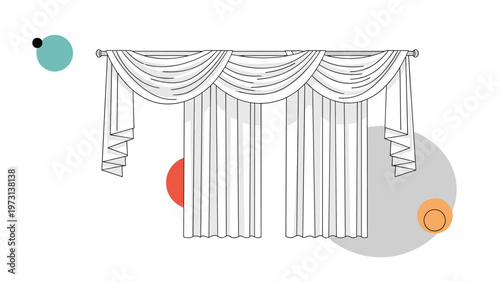 Sophisticated white curtains with a decorative valance draped over a rod against a colorful abstract backdrop.