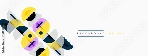 Abstract geometric shapes overlap, creating dynamic visual composition. Yellow, teal, black hues dominate simple background.