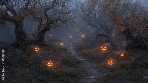 Eerie Halloween Forest Path Illuminated by Glowing Jack-o'-Lanterns Amidst Twisted Trees and Fog