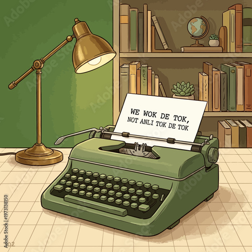 A vintage green typewriter on a desk with a humorous note.