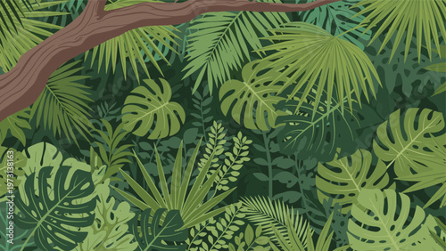 Dense tropical jungle background featuring various green leaves like monstera, palm fronds, and lush vegetation.