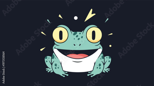 Happy cartoon green frog with giant yellow eyes and a wide smile sitting against a dark textured background.