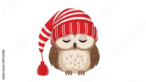 Adorable sleeping owl wearing a long red and white striped nightcap with a tassel on a clean white background.
