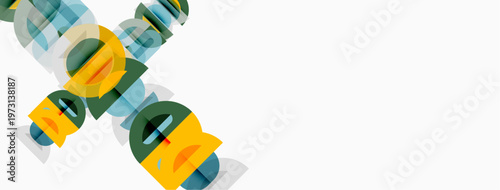 Abstract design features overlapping colorful shapes, creating dynamic visual effect. Minimalist composition with white background.