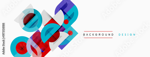 Abstract geometric shapes overlap, creating vibrant visual composition. Blue, purple, red hues dominate design. Minimalist style.