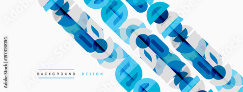 Abstract geometric pattern. Blue shapes overlap white background. Modern design elements create dynamic visual texture.