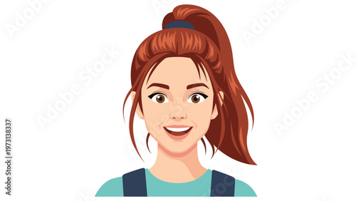 Happy young woman with reddish brown hair in a high ponytail smiling broadly while wearing a turquoise shirt and blue denim overall straps.