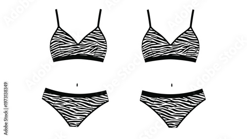 Modern women's underwear set featuring a stylish black and white zebra animal print on a comfortable bra and matching panties shown in flat lay.