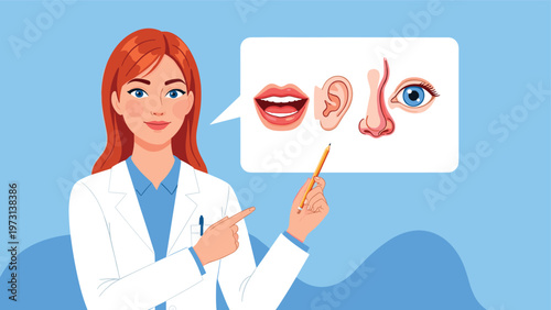 Professional female doctor in a white lab coat pointing to an educational chart illustrating human sense organs like the eyes, ears, and nose.