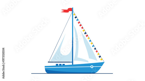 Cheerful blue sailboat decorated with colorful festive bunting flags and a red pennant floating on calm water against a clean white background.