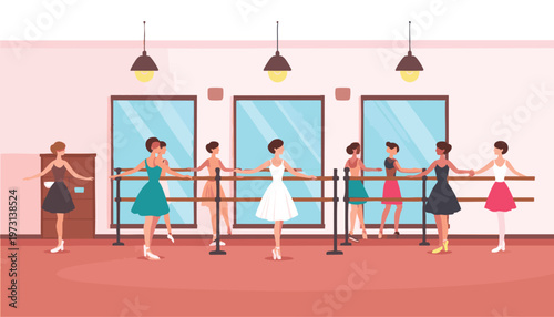 vector Ballet Class with Young Dancers Practicing at the Barre