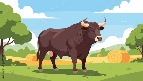 Massive brown bull standing in a green field with trees and hay bales under a bright blue sky with white clouds in a peaceful rural landscape.