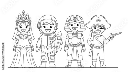 Line art illustration of four children dressed in fun costumes including a princess, an astronaut, an Egyptian pharaoh, and a fierce pirate.