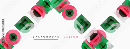 Abstract geometric pattern. Overlapping shapes create dynamic visual texture. Pink, green, gray hues dominate composition. Minimalist design elements present.