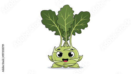 Adorable kohlrabi vegetable character with a happy smiling face and large green leaves on a white background for healthy eating education.
