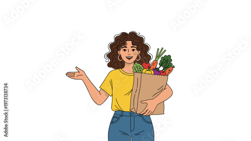 Smiling young woman with brown curly hair holding a large paper grocery bag filled with fresh healthy vegetables like carrots and greens.