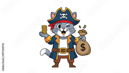Happy cartoon grey cat character dressed as a pirate holding a bag of gold coins and winking while standing against a clean white background.