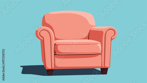 Cozy pink upholstered armchair with rolled armrests and dark wood legs shown from a front angle against a solid light blue background.