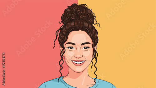 Beautiful young woman with dark curly hair styled in a high bun smiling happily against a split pink and orange colored background.