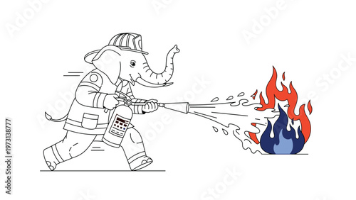 Line art illustration of a brave elephant firefighter wearing a uniform and helmet while using a fire extinguisher to put out flames.