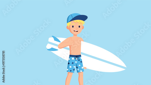 Young blonde boy at the beach holding a surfboard and giving a thumbs up while wearing a blue cap and patterned swim shorts.