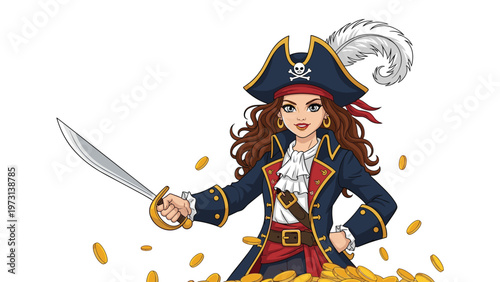 Strong and confident female pirate with long wavy hair holding a cutlass sword and standing on a massive pile of gold coins and treasure.