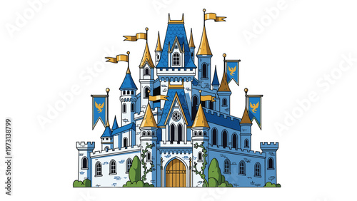 Grand fairy tale castle featuring multiple blue towers with golden spires and flags isolated on a white background for fantasy stories.