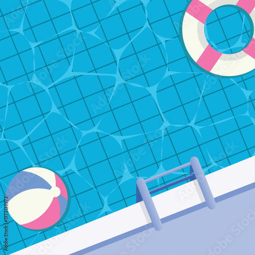 Top View of Summer Swimming Pool With Lifebuoy, Beach Ball and Pool Ladder at Poolside