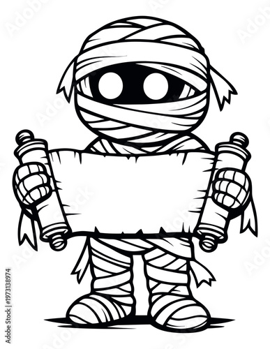 Line art illustration of a cartoon mummy depicting holding a blank scroll for halloween
