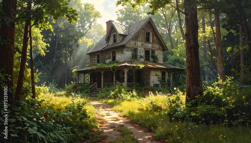 A serene and slightly overgrown house in a forest