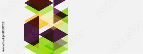 Abstract geometric shapes overlap, creating vibrant color blocks. Design features green, brown, purple, orange hues. Minimalist composition.