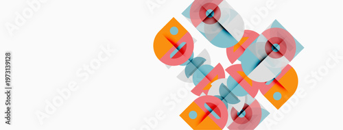 Abstract geometric shapes overlap, creating colorful design. Circles, squares, rectangles form dynamic composition. Minimalist aesthetic.