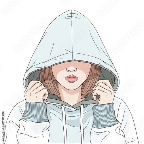 A young woman pulls up her hood to cover her face in a hoodie.