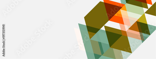 Abstract geometric shapes overlap, creating dynamic composition. Colors include orange, green, beige, muted tones. Minimalist design.