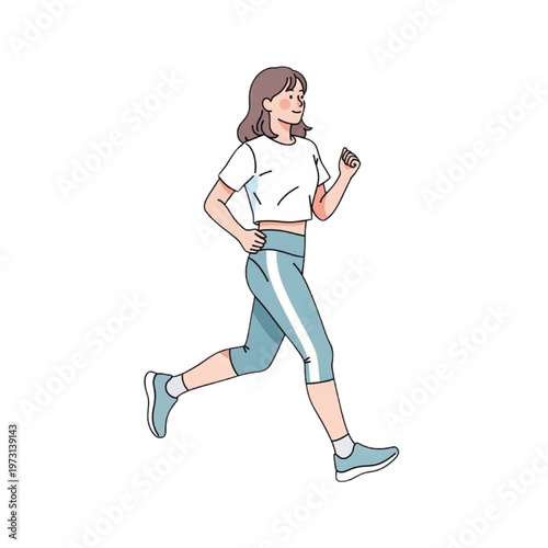 A woman runs quickly wearing athletic gear outside on a sunny day.