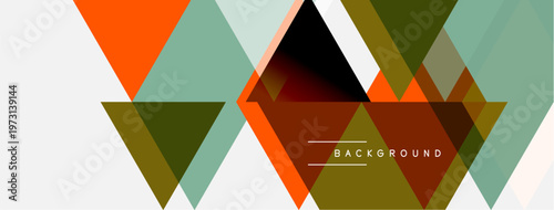 Abstract geometric pattern. Overlapping triangles create modern design. Colors include orange, green, brown, gray, white. Minimalist style.
