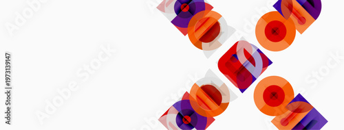 Abstract geometric shapes overlap, creating vibrant color patterns. Purple, orange hues dominate white background. Modern design elements present.